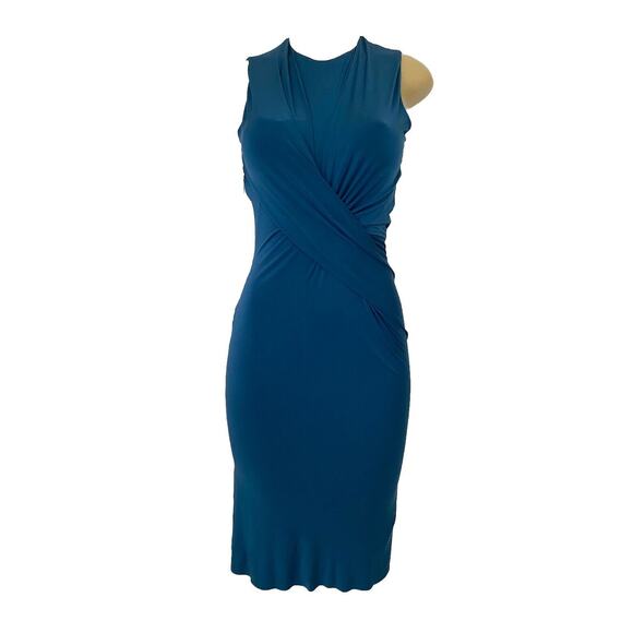 Charina Sarte Dress Ruched Sheath Crew Neck Sleeveless Draped Teal Blue … - Picture 1 of 6